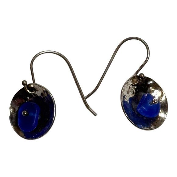 Vintage Sterling Silver & Cobalt Blue Sea Glass Dangle Earrings Hammered Finish - Picture 3 of 5